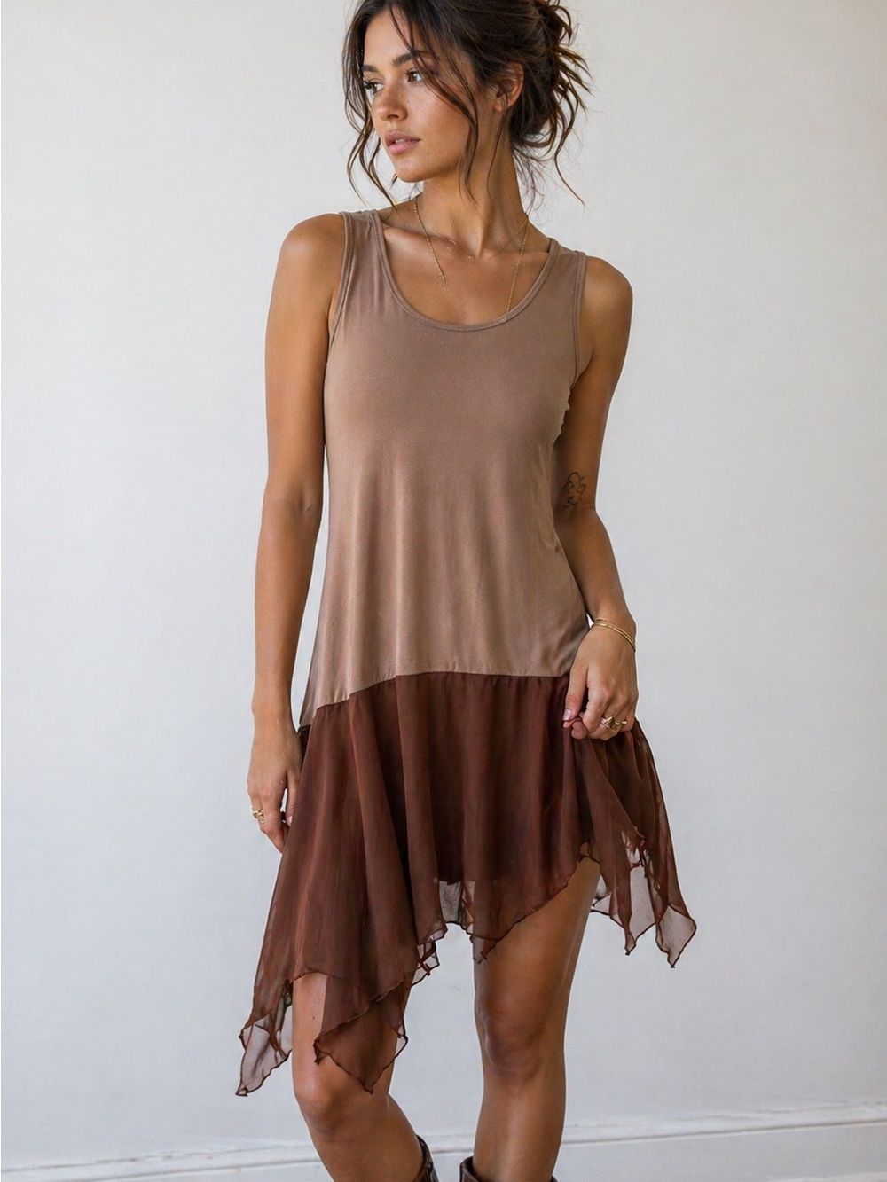 Brown Silk Blend Asymmetrical Hem Dress L Sheer Layer Boho Fairy Grunge